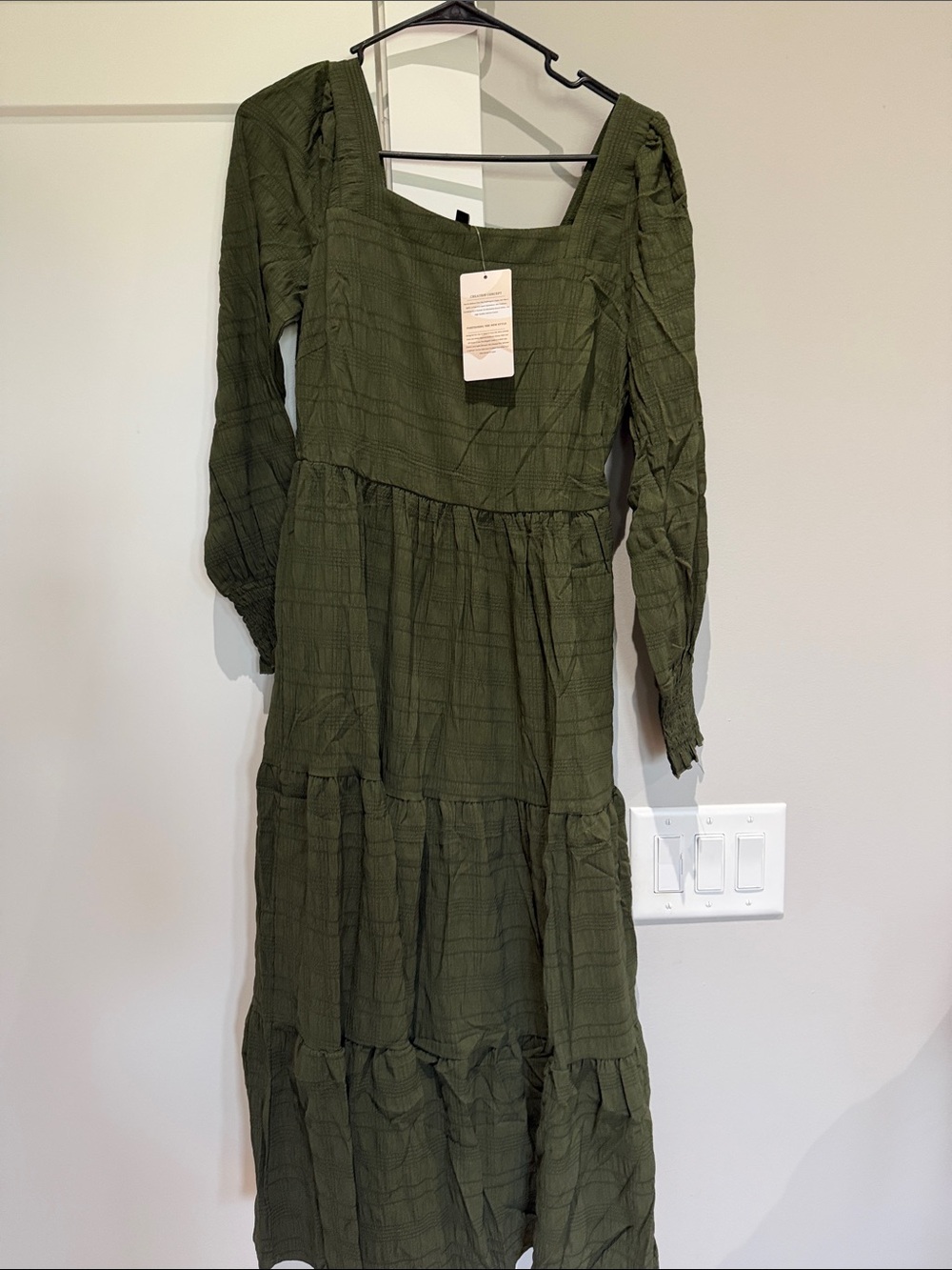 Fashion Brand Company Olive Green Tiered Maxi Dress with Square Neckline